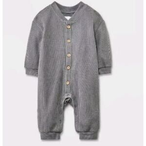 Grayson Mini Button Front One Piece Waffle Knit Romper Soze 3-6 Months Gray Long
